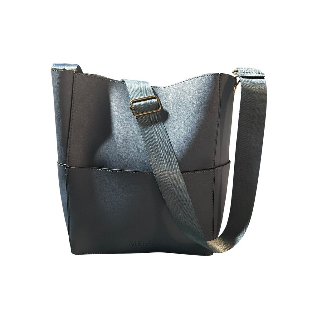 Mersi Crossbody Bucket Bag Blue  Front/Back Pockets Vegan Leather Versatile